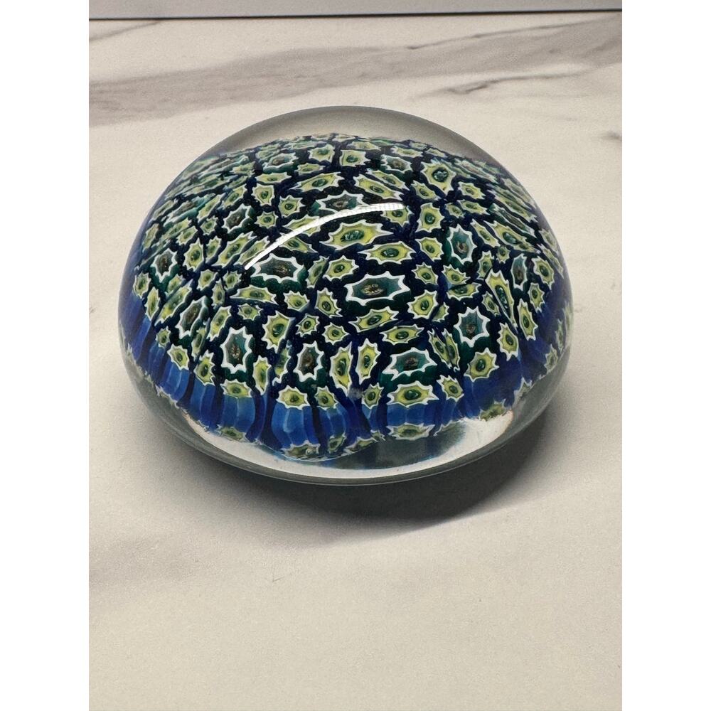 Art Glass Blue Green Millefiori Paperweight Blue Green Yellow White 3”Wx 2.5H